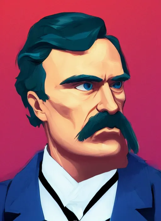 Prompt: 4k Portrait of Friedrich Nietzsche in his Suit with a chiseled Jawline and serious Look, in the Style of Artgerm and Ross Draws and Mike Mignola, rim light, saturated colors, hard shadows, colorful, plain background, trending on artstation