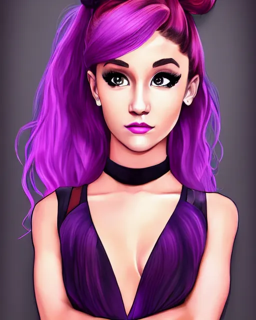 Image similar to beautiful Ariana Grande purple-hair tattoos symmetrical face stunning eyes full length fantasy art icon, 2d art gta5 cover, official fanart behance hd artstation