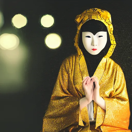 Image similar to japanese female black balaclava mask with golden necklace and open kimono, art noveau, fresco by michaelangelo, photo portrait, beautiful female model, tokyosky, female sitting on skyscreapper, rain, city neon light, bokeh, long exposure, kodak promax 4 0 0, sony lens, golden fractals and dmt