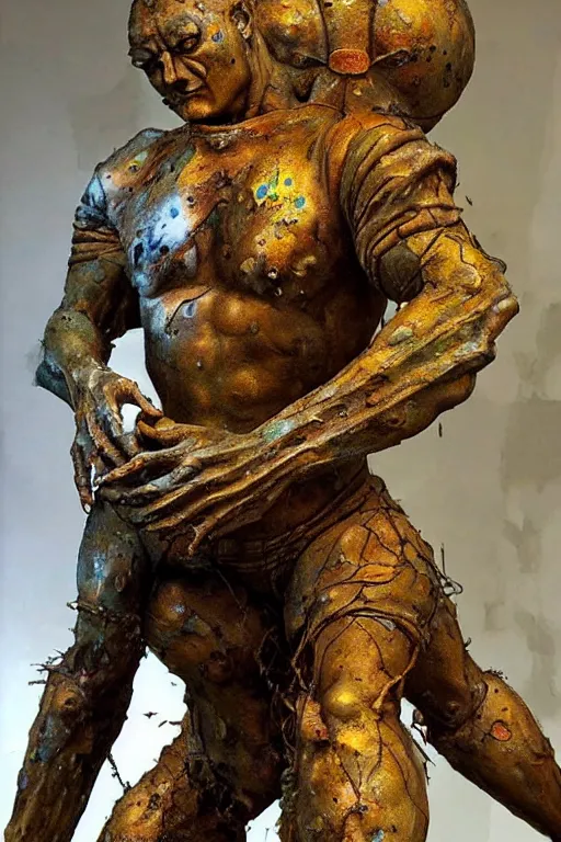 Image similar to realistic detailed statue of the terrific sacred destruction golem made with marble and with stained rust golden wings, cracked body full of scars, made by Karol Bak, Mark Brooks and Bernini. Rich colors. Beksinski and painting. Masterpiece