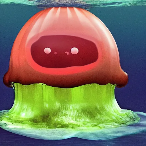 Prompt: a giant squashed jelly head in the middle of the ocean with a disturbing and funny profile at the same time