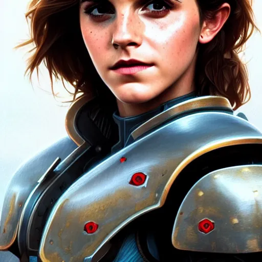 Image similar to beautiful Emma Watson in a Power Armor, western, closeup, D&D, fantasy, intricate, elegant, highly detailed, digital painting, artstation, concept art, matte, sharp focus, illustration, art by Artgerm and Greg Rutkowski and Alphonse Mucha