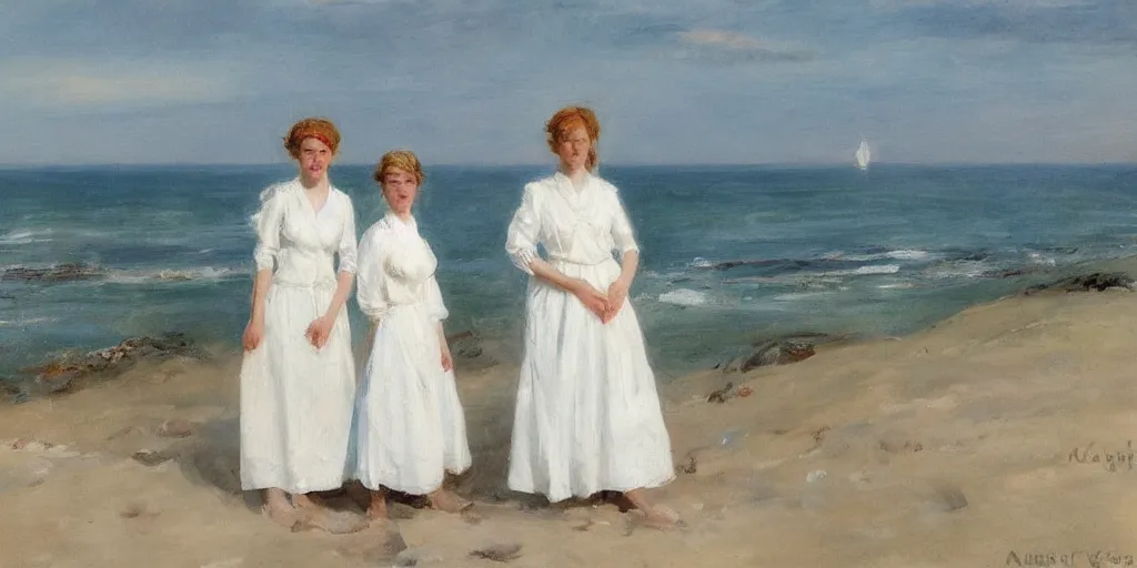 Image similar to Two young Edwardian women wearing white dresses standing on a sandy beach in Sweden, in the style of Anders Zorn