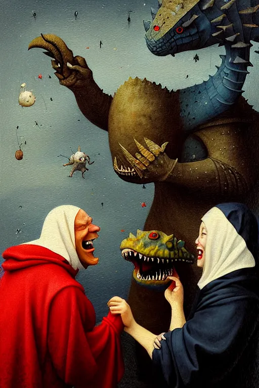 Prompt: hieronymus bosch, greg rutkowski, anna podedworna, painting of a small fat blue godzilla laughing at a red haired vampire in a white woollen turtleneck dress