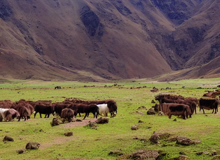 Prompt: beautiful Peruvian Andean landscape with herd animals