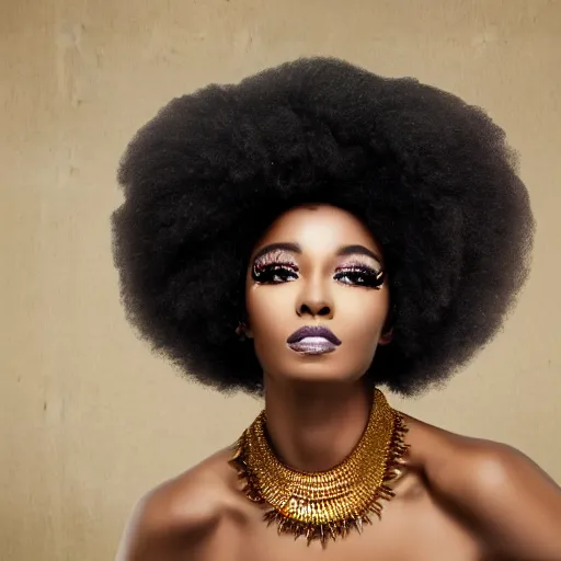 Prompt: Beautiful black lady with peacock feathers in her afro hair and a decorative golden necklace