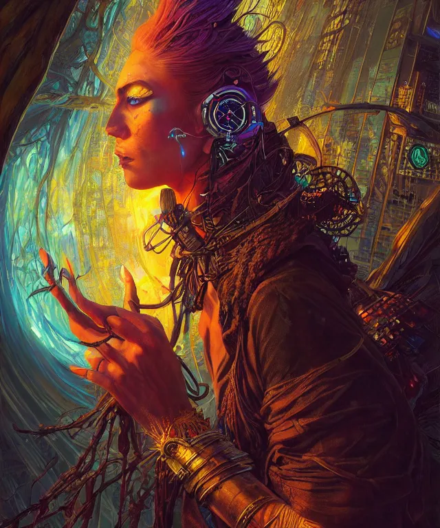 Image similar to a beautiful tarot card artwork of a cyberpunk nature shaman, backlit, highly detailed, digital painting, by karol bak and eddie mendoza and dan mumford and artgerm, vivid colors, masterpiece, detailed shading, 8 k resolution, intricate, smooth