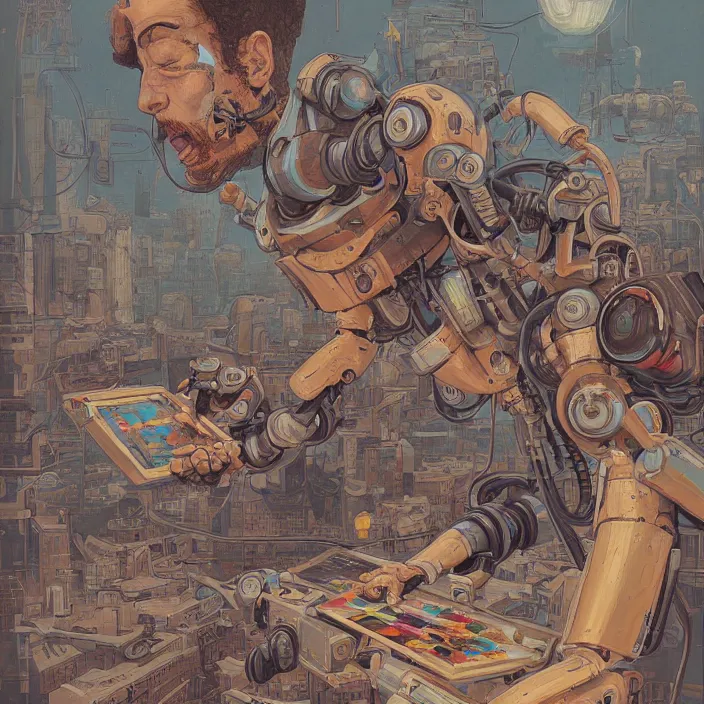 Image similar to robot artist painting a self - portrait on a canvas. intricate, highly detailed, digital matte painting, in the style of alexandros pyromallis, and in the style of sachin teng, and in the style of hans thoma, and in the style of mike ploog. irony, recursion, inspiration.