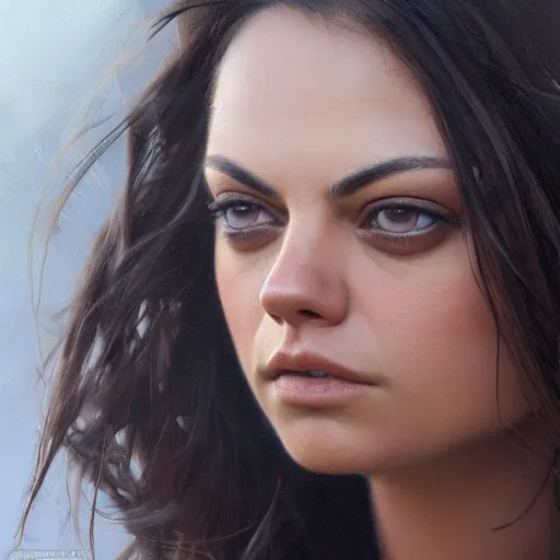 Image similar to a closeup portrait of a mila kunis, dramatic light, lake background, painted by stanley lau, painted by greg rutkowski, painted by stanley artgerm, digital art, trending on artstation