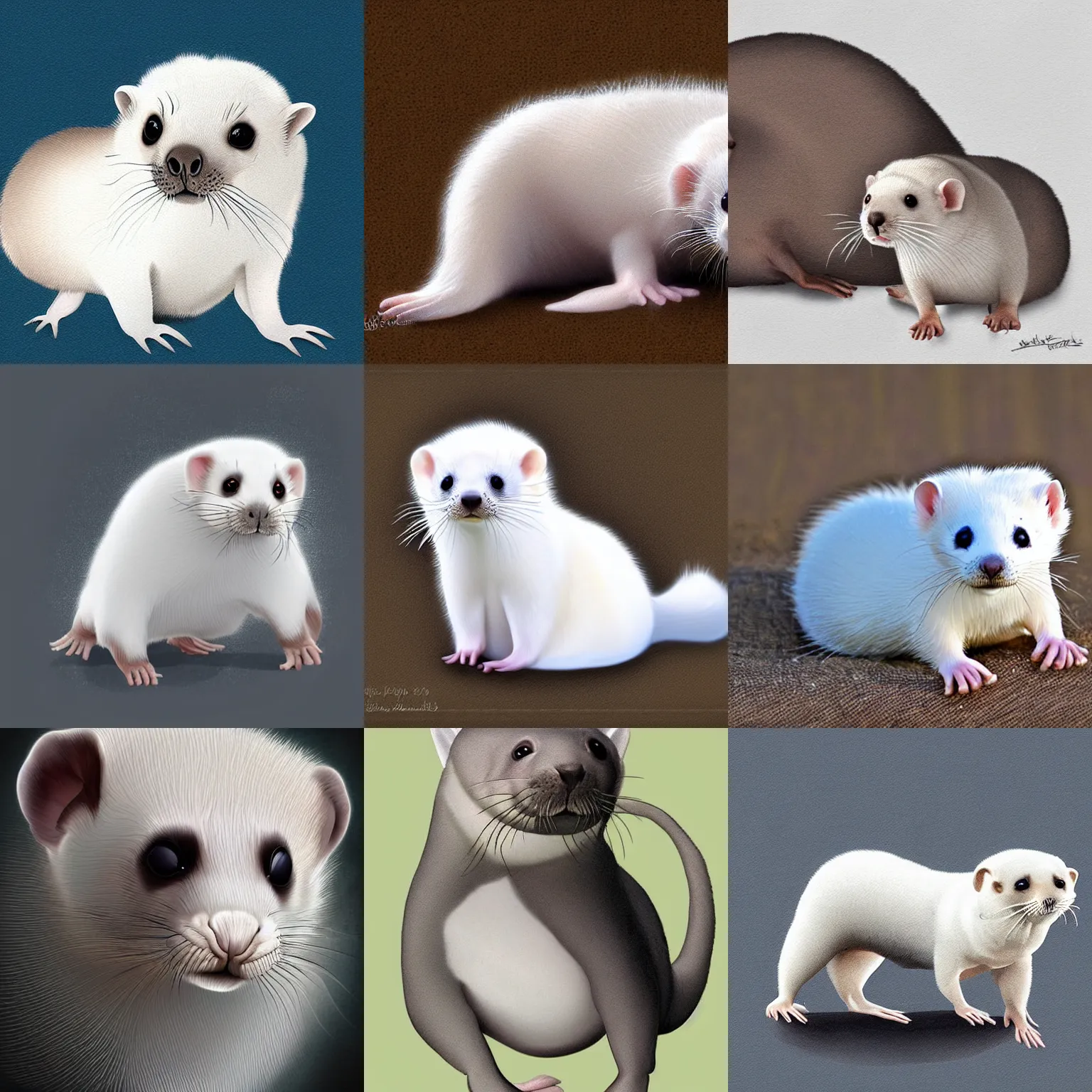 Prompt: seal ferret chimera, white fur, adorable, award-winning digital art