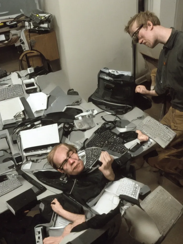 Prompt: John Carmack sleeping at desk near 90s computer running quake II, michaelangelo style