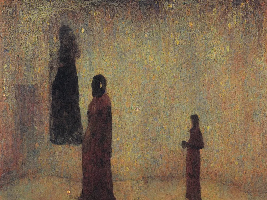 Prompt: painting by mikalojus konstantinas ciurlionis. portrait of worldly woman with lace and firefly at the house of the fishseller.