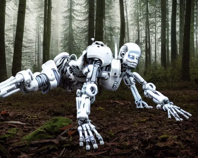 Image similar to photo of a giant huge white terminator spider with heavy duty biomechanical hydraulic cybernetic body with antennas and visor cogs and gears and components in the forest. cyberpunk horror style. highly detailed 8 k. intricate. nikon d 8 5 0 5 5 mm. award winning photography.