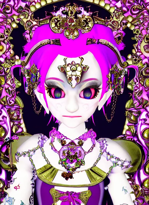 Image similar to baroque bedazzled gothic royalty frames surrounding a pixelsort emo demonic horrorcore japanese jester decora doll of giorno giovanna, low quality sharpened graphics, remastered chromatic aberration
