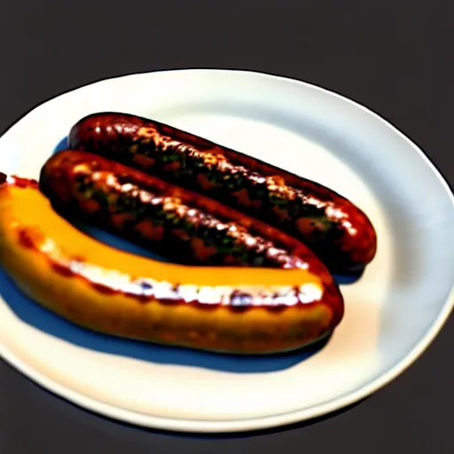 Image similar to realistic 3 d unreal engine render of a half fish half sausage alone on a plate, fish fins on a sausage