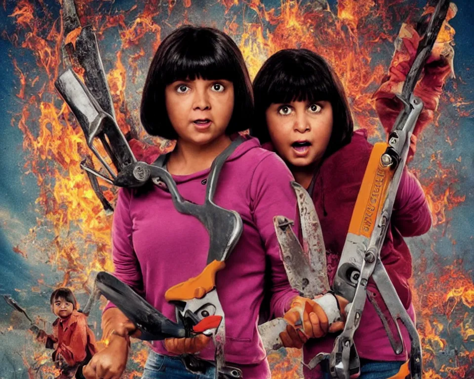 Prompt: a horror movie poster featuring Dora holding a Chainsaw