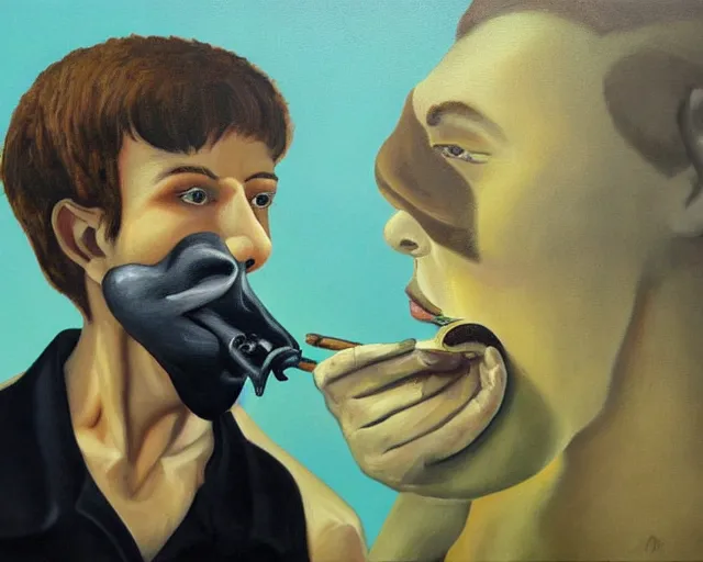 Image similar to a surreal painting of a young man with a horseshoe mustache smoking a joint