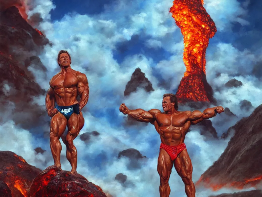 Prompt: detailed portrait of an arnold schwarzenegger surfing on lava by boris vallejo, volcano eruption on the background, stunning scene, 8 k, digital painting, hyperrealism, bright colors, trending on artstation