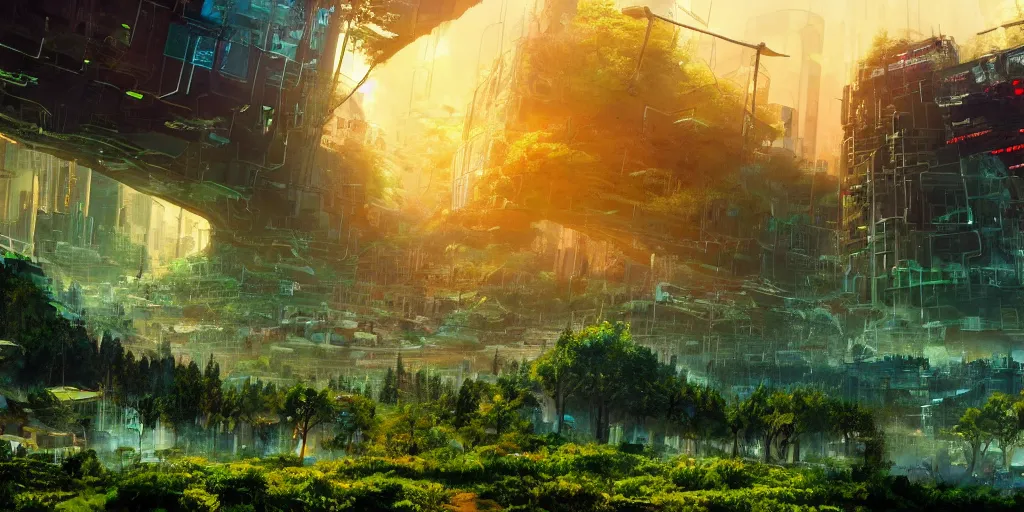 Image similar to a cinematic composition depicting : a computer run degrading cyberpunk world, on top of the mountain a mysterious translucid crystal neural network being is using its transformative energy to transition to a hopeful to lush green foresty solarpunk civilization in the valley at dawn