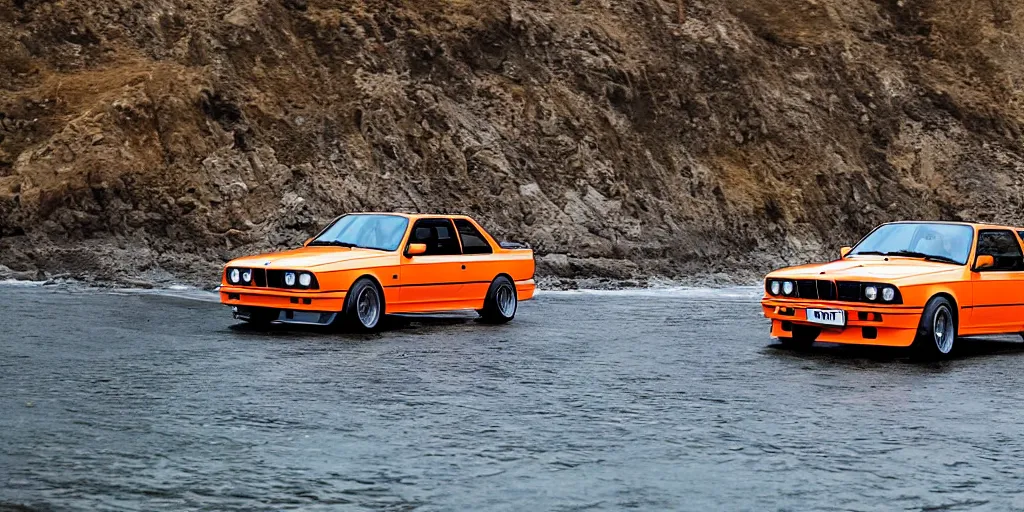 Image similar to orange bmw e30 m3 driving off a cliff into the ocean