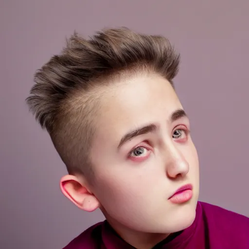 Image similar to small boy with pink skin, thick lips, very pink face, thin eyebrows, short light brown hair, puffy face, small ears, high on edibles