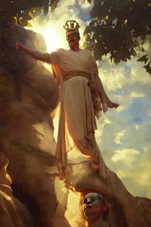 Image similar to beautiful expressive oil painting portrait of ancient roman god emperor steve buscemi ascending wearing the civic crown levitating in religious pose, art by anders zorn, wonderful masterpiece by greg rutkowski, beautiful cinematic light, american romanticism by greg manchess, jessica rossier