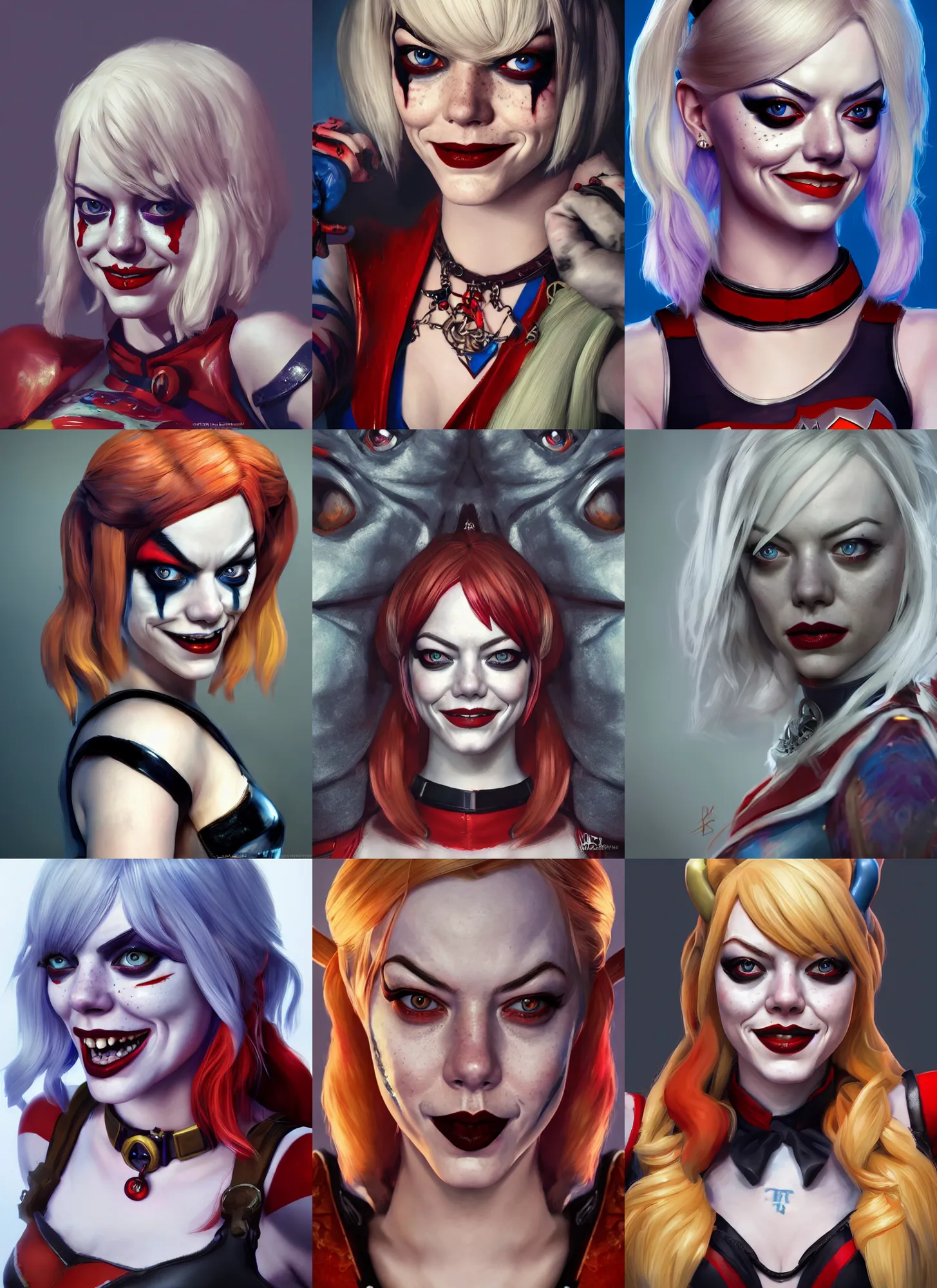 Prompt: dnd portrait of emma stone as harley quinn, hyper detailed, digital art, trending in artstation, cinematic lighting, studio quality, smooth render, unreal engine 5 rendered, octane rendered, art style by klimt and nixeu and ian sprigger and wlop and krenz cushart.