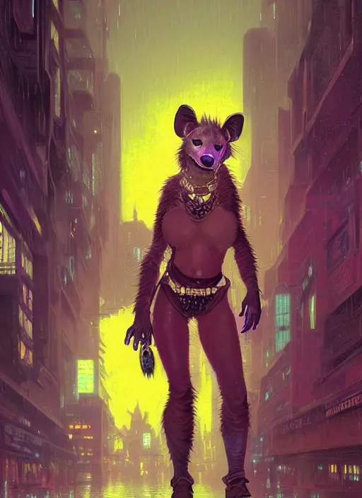 Image similar to beautiful full-body portrait commission of a [female furry anthro!!! spotted hyena fursona] [wearing jedi robes] [in a cyberpunk city at night in the rain]. Neon light. Atmospheric. Renowned character illustration by greg rutkowski, thomas kindkade, alphonse mucha, loish, norman rockwell. detailed, dungeons and dragons character art