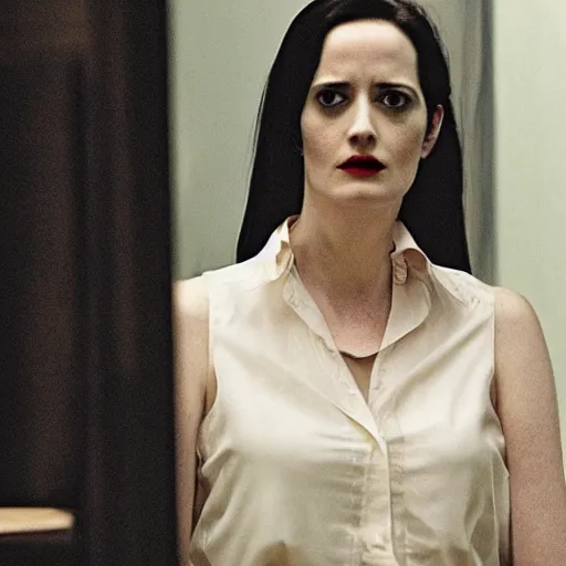 Prompt: eva green as catherine tramell in the famous interrogation scene from the film basic instinct.