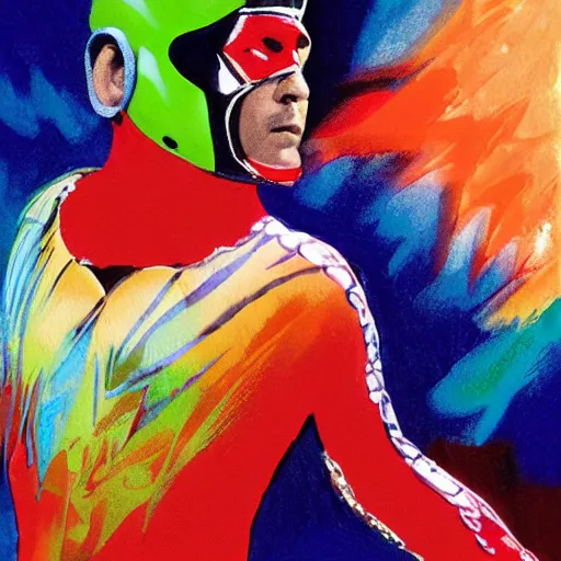 Image similar to photorealistic picture, by bob peak and alex ross, rey mysterio wwf debut, gouache and wash paints, fine details, fine intricate, fine facial proportionate, fine body proportionate, fine fix broken line, fine fix duplicate line, fine background proportionate, smooth focus, sharp details, bokeh, 4 k, fine 5 k details