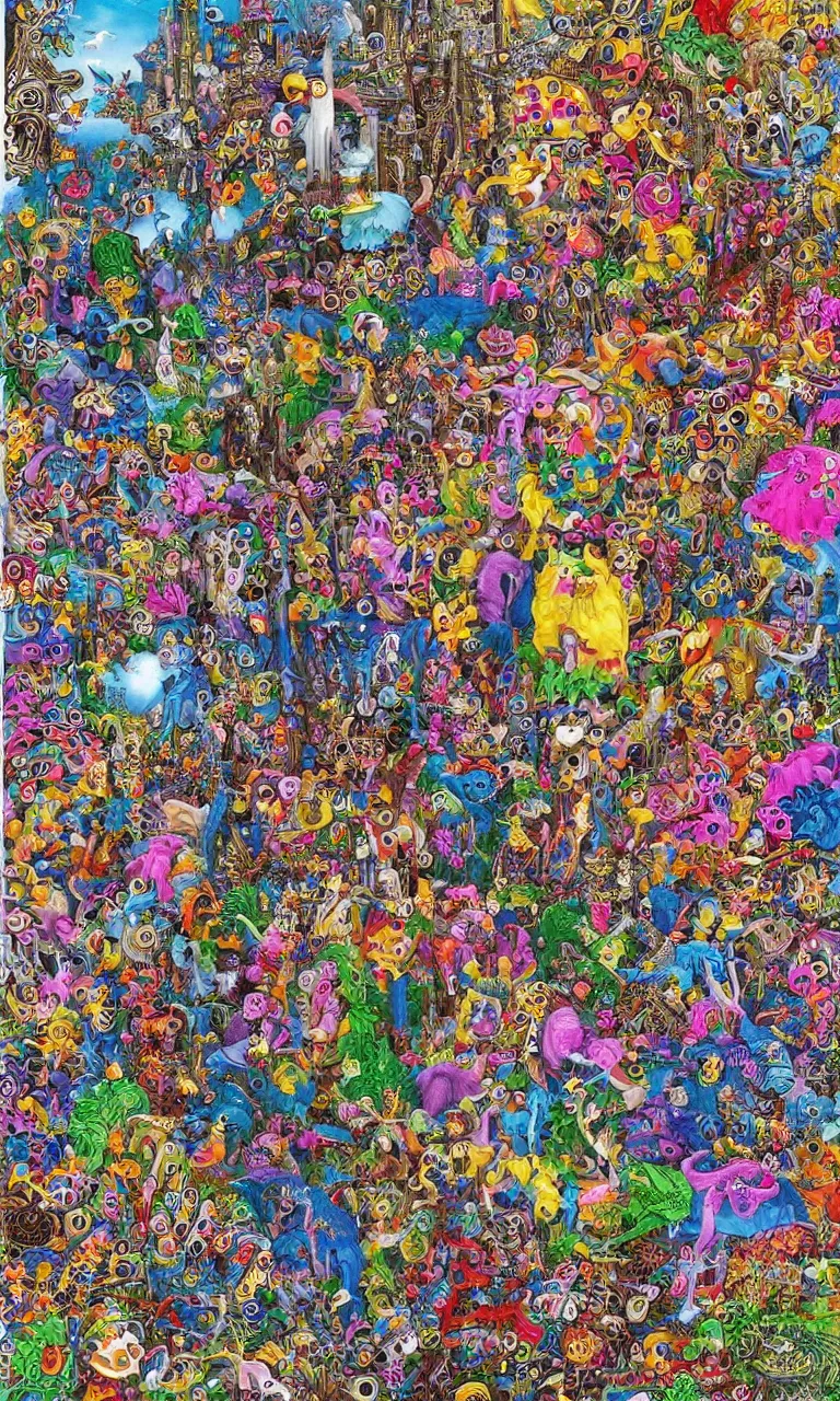 Image similar to an incredibly detailed masterpiece made out of pipecleaners of a I SPY puzzle by bosch and lisa frank, ornate, beautiful, gothic colors, detailed, high resolution, wow!, intricate