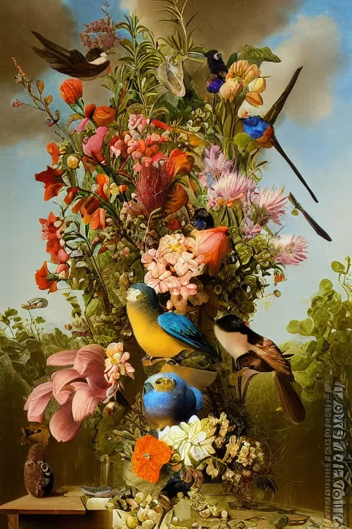 Image similar to painting of paradise birds flowers in a vase on a table, by rachel ruysch, ernst haeckel, audubon, dutch golden age, pop surrealism, biomorphic, made of birds and feathers