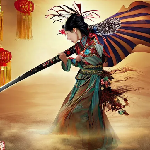 Prompt: An epic fantasy comic book style portrait painting of a female wuxia sword dance Chinese costume , long hair, smoke, feathers flying, flowers rain everywhere, full body XIANXIA, Chinese temple, depth of field, 4k