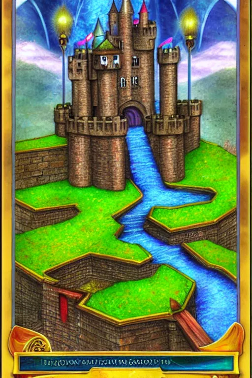 Image similar to dominion eurogame card showing a rainbow castle with a moat. fantasy deviantart