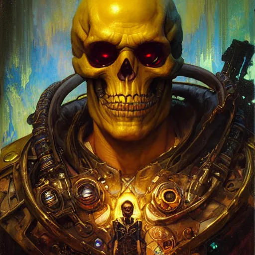 Image similar to portrait of skeletor. shadowrun cyberpunk fantasy highly detailed painting by gaston bussiere craig mullins jc leyendecker gustav klimt artgerm greg rutkowski john berkey, bergey, craig mullins, ruan jia, raymond swanland, jeremy mann, tom lovell, alex malveda