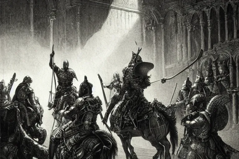 Image similar to highly detailed picture of the knight emerges from the open page of the book, don quixote comes out of an open old book on the table, symmetrical face, cinematic romantic magical, masterpiece, from the book by gene wolfe, highly detailed painting by gustave dore