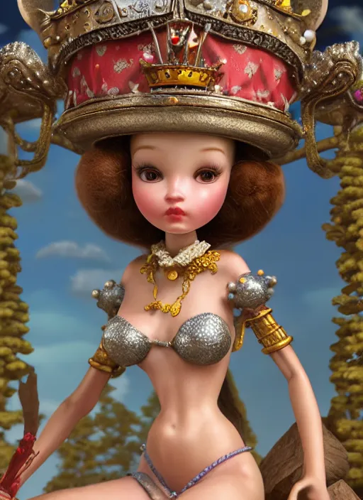 Image similar to highly detailed closeup, profile portrait of a tin toy fairytale princess wearing a crown, bikini, unreal engine, nicoletta ceccoli, mark ryden, earl norem, lostfish, global illumination, detailed and intricate environment