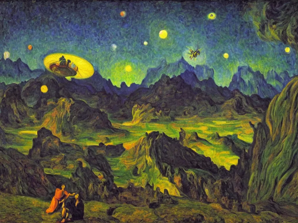 Image similar to man wrestling over the psychedelics dream bot mothership over the sublime sacred mountains at night. painting by monet, bosch, caravaggio, agnes pelton, rene magritte