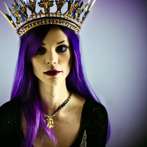 Prompt: A photo of a skinny evil princess woman with light-purple hair wearing a diamond crown, sitting in a throne in a dark room. Low light.