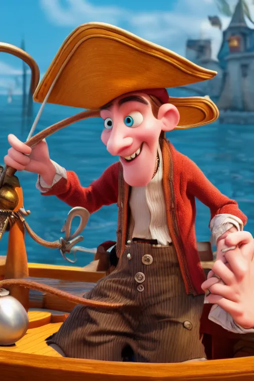 Image similar to a great pirate on a small boat. pixar disney 4 k 3 d render funny animation movie oscar winning trending on artstation and behance. ratatouille style.