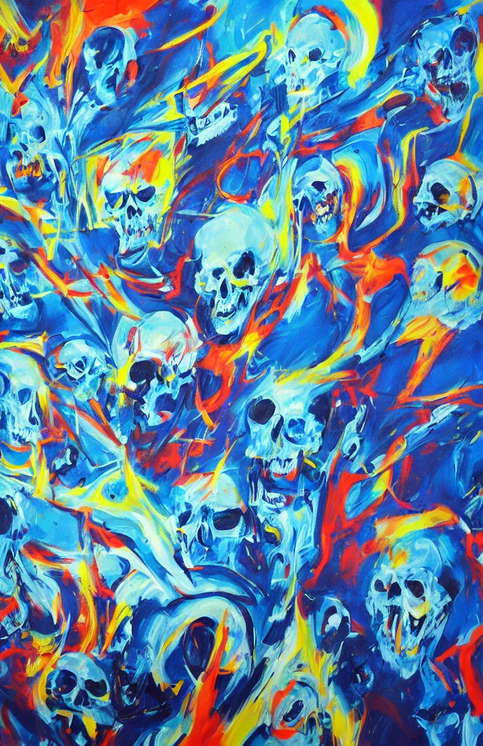 Prompt: the most intensely amazing abstract painting in the history of the universe, blue lasers and smiling skulls, it's happening baby