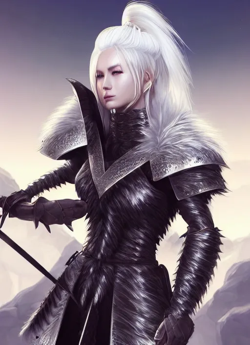 Image similar to warrior, fur leather armor!!! beautiful and elegant white hair female!! gorgeous ayes!! character concept art, sharp focus, octane render! unreal engine 5! highly rendered!! trending on artstation!! detailed linework!! illustration by artgerm, wlop, and chie yoshii