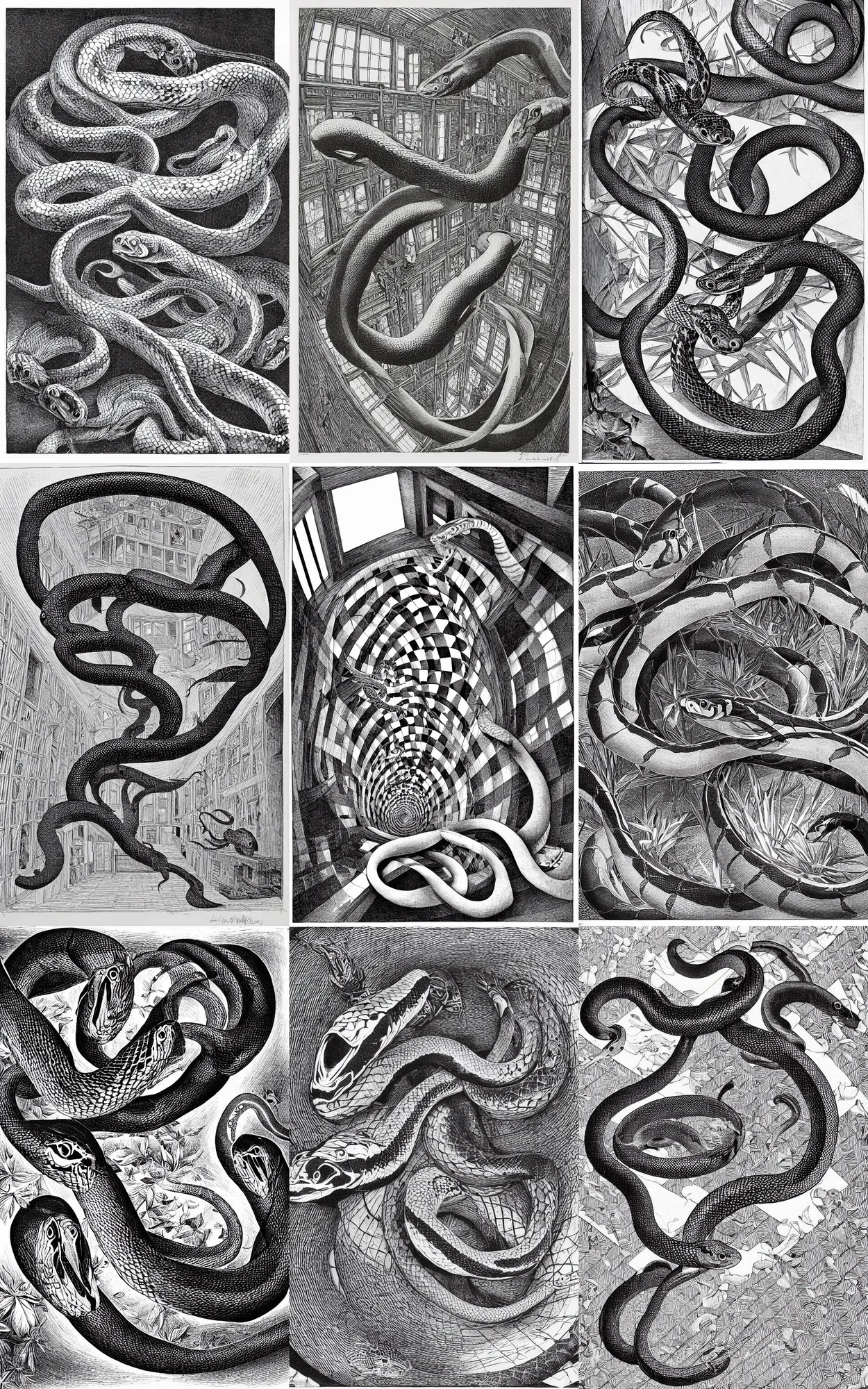 Prompt: escher. composition : fish eye lens. style : lithography. scenery : a checkered room. subject : a snake with long red tail. action : the snake is biting it's own tail.