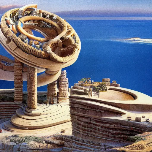 Image similar to a gigantic paleolothic torus made of stone with highly detailed carvings of intricate shamanic robotic electronics and circuitry, in a mediterranean lanscape, inside a valley overlooking the sea, in the style of syd mead