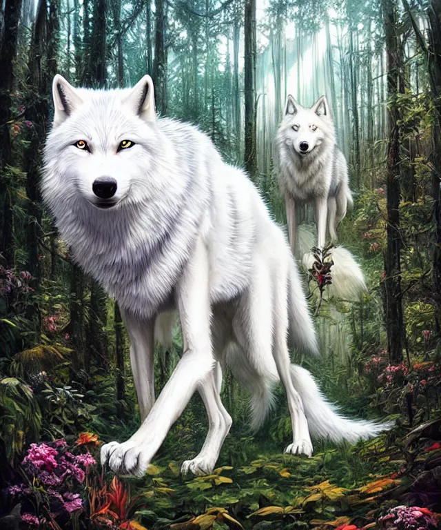 Prompt: a realistic white wolf, walking through a psychedelic forest, wide angle landscape shot, pixar style by tristan eaton, artgerm and tom bagshaw
