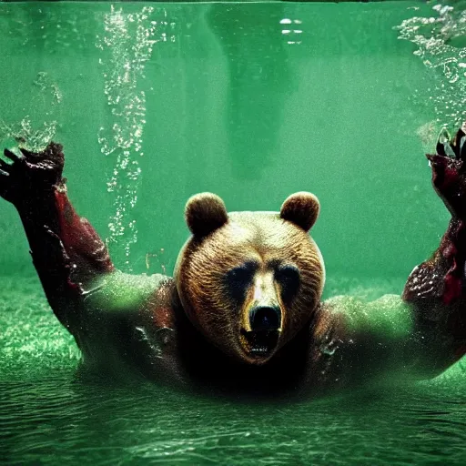 Image similar to zombie bear swimming in a toxic green pool of liquid, photo image by national geographic + realistic horror