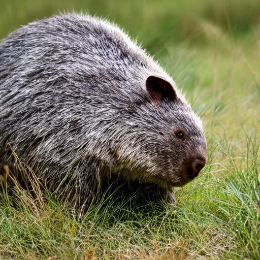 Prompt: a wombat sneaks up behind an old man with grey hair, they're in a grass field, photorealistic 8k