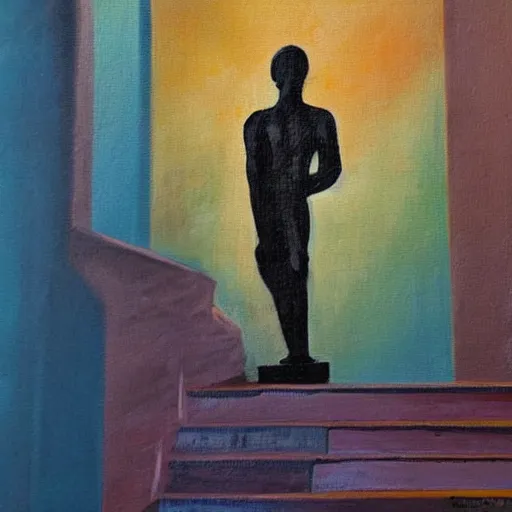 Prompt: very abstract painting of a statue of a figure walking down the stairs, impressionist painting, realistic