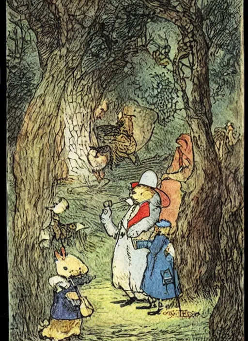 Image similar to night turning into day, illustrated by peggy fortnum and beatrix potter and sir john tenniel