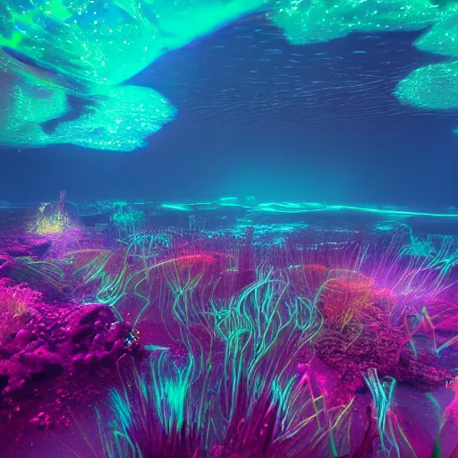 Image similar to an underwater alien ocean, filled with bioluminescence, twirling glowing sea plants, neon colors, and a mystical misty glow, ethereal